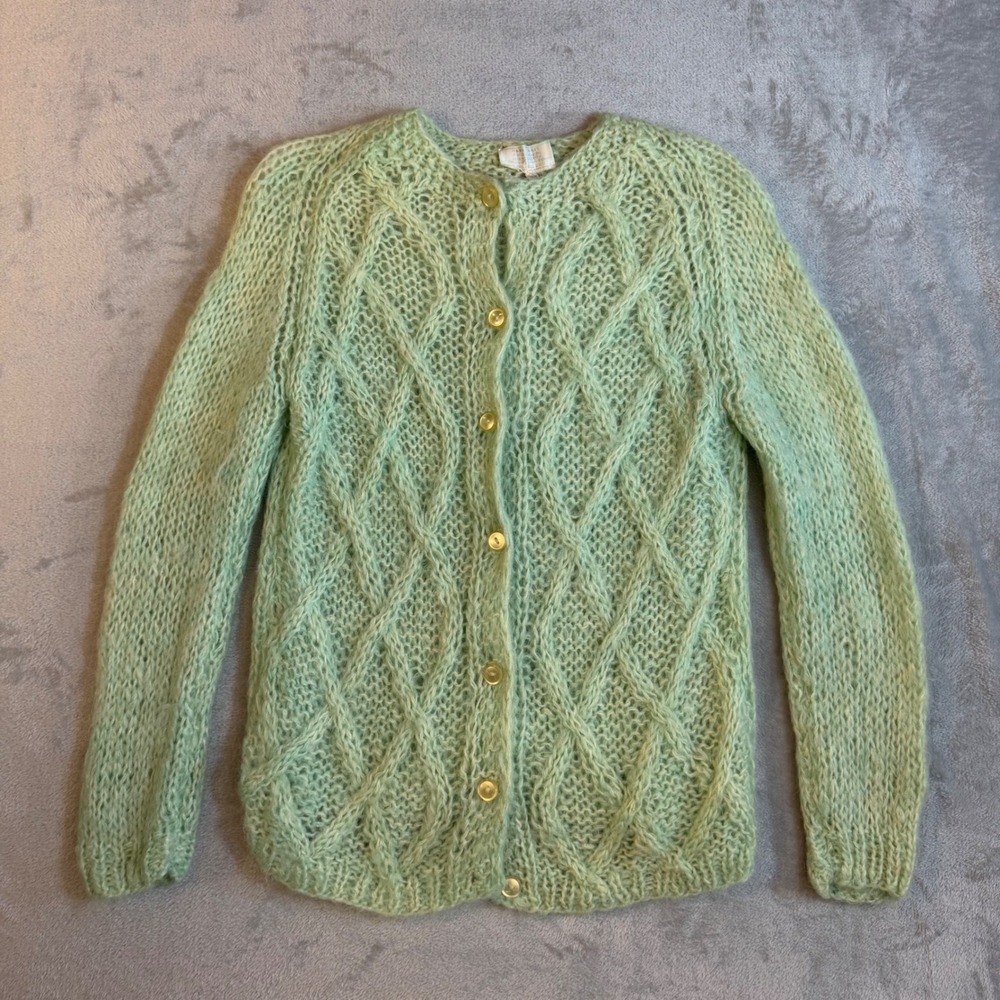 Vintage Hand Knit Mohair Cardigan Shaggy Green Cable Knit Italy 38 Nan Elliott
